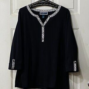 NEW Karen Scott Sz 2X Knit Henley Top 3/4 Sleeve Black White Trim Cotton